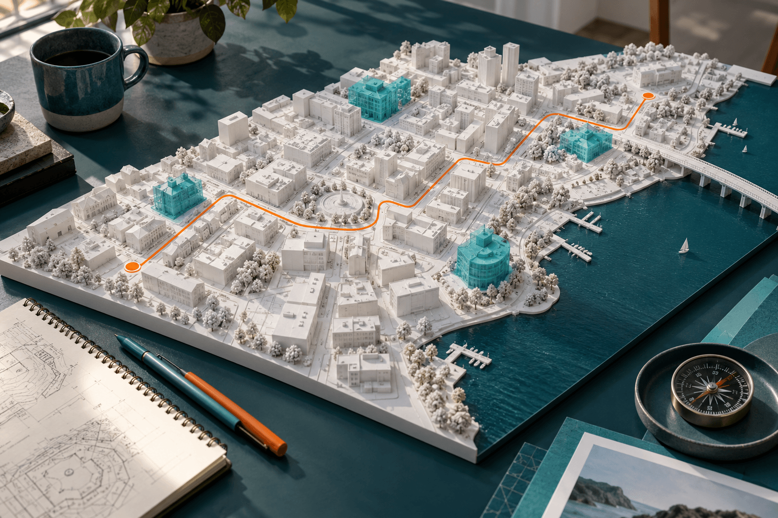 Illustrative architectural street model with aqua buildings and an orange route